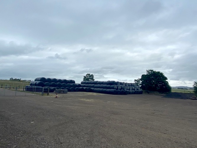 Stacked black silage bales on a farm under an overcast sky