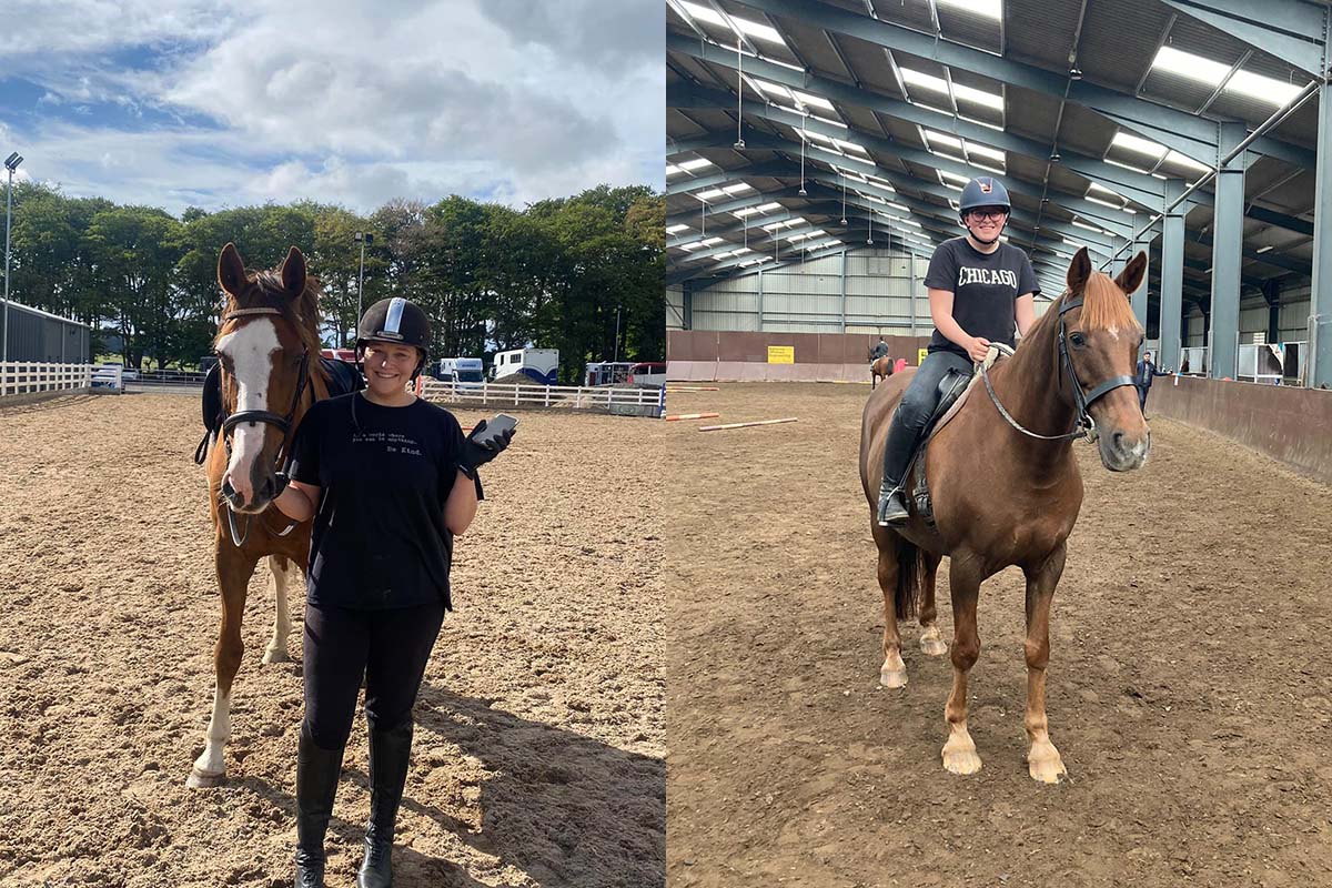A split image of a person leading and riding a brown horse in an equestrian arena