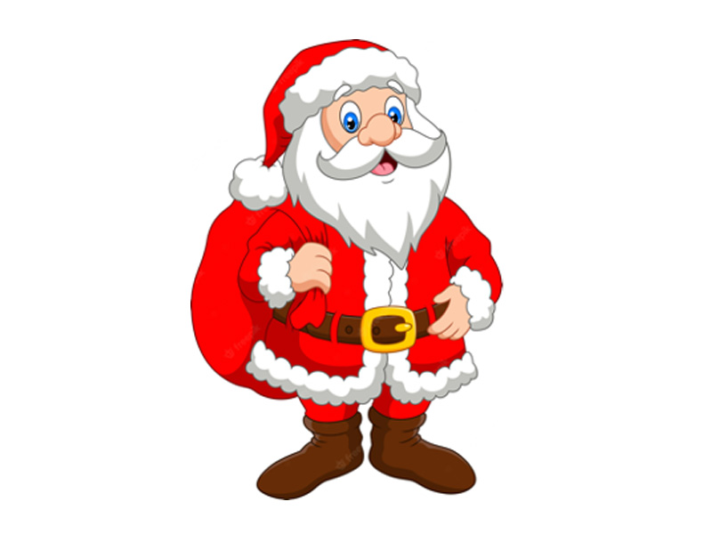 Cartoon Santa Claus standing with a sack over his shoulder, white background