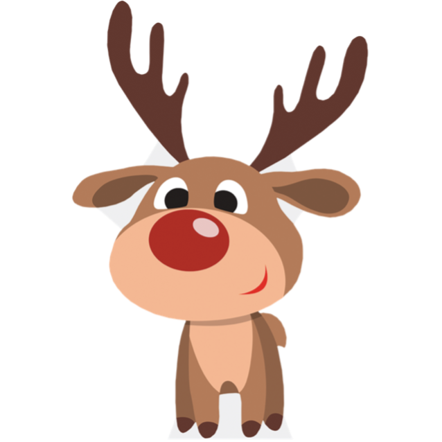 A cartoon illustration of a smiling reindeer with a red nose