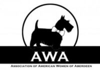 Logo of the Association of American Women of Aberdeen featuring a silhouette of a Scottish Terrier with a bow tie